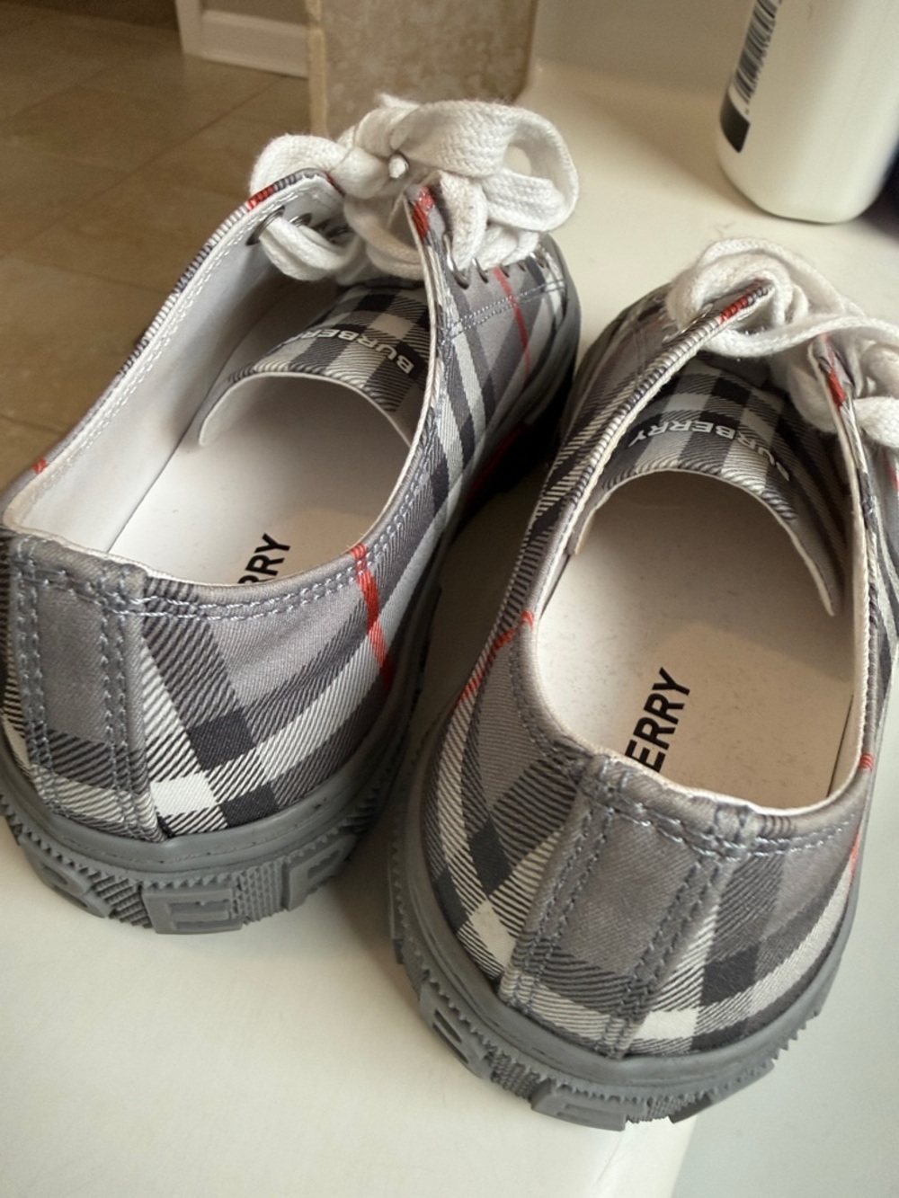 Burberry Gray Plaid Kids Sneakers with White Laces and Red Accent